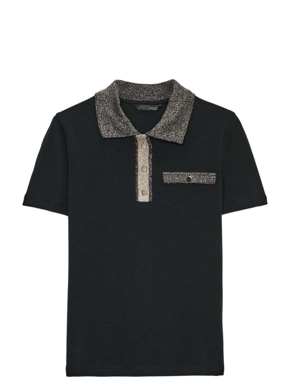 Zara Black Short-Sleeve Polo Top with Metallic Trim